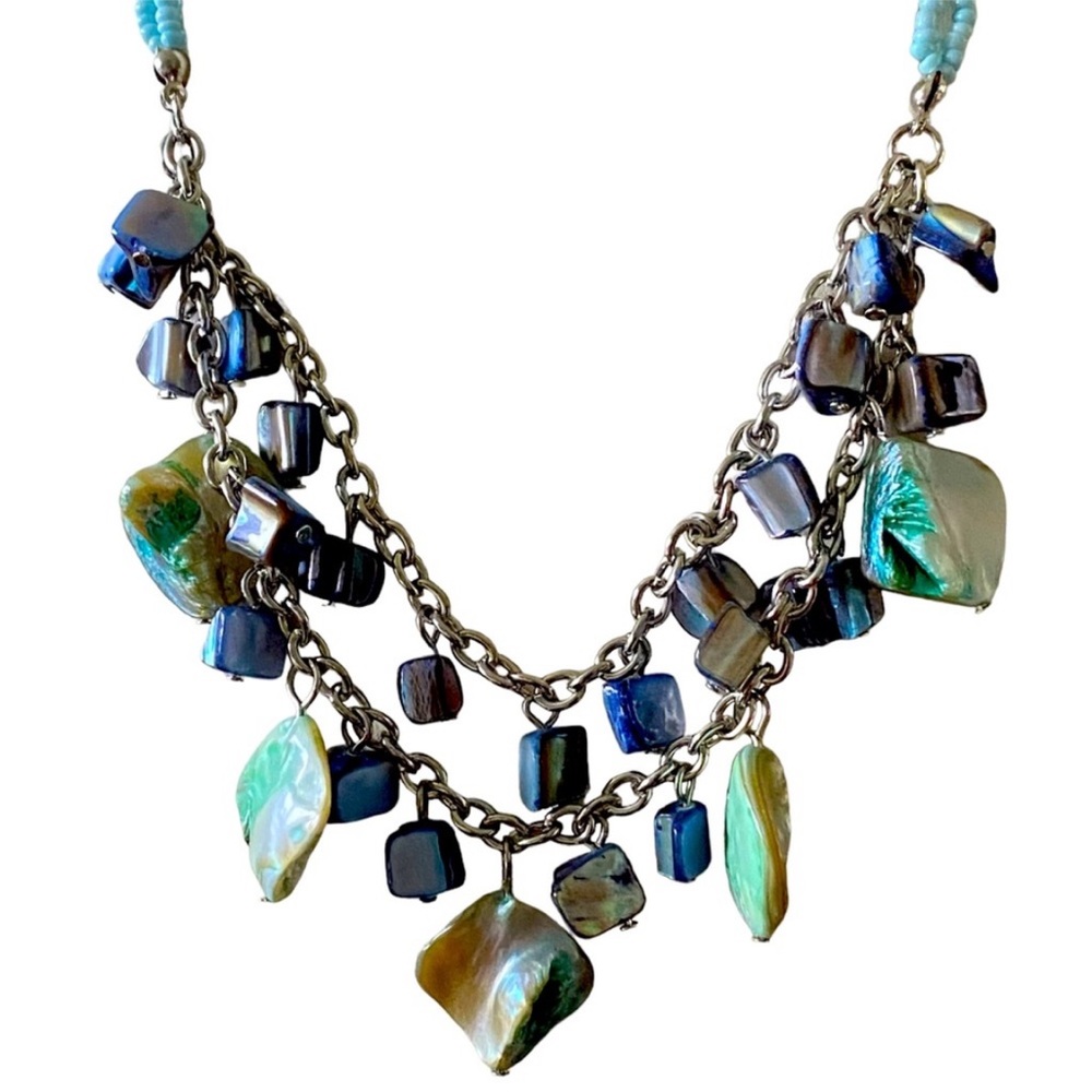 Set Of Sea Glass Dichroic Glass Earrings And Multi-Strand Necklace Set